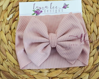 Dusty Rose Bow Headwrap, Pink Rib Knit Bow Headband, Newborn Photo Prop, Smash Cake Bow, Messy Bow Headwrap, Large Julia Style Headwrap