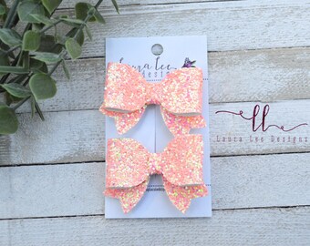 READY TO SHIP Pigtail Bows, Coral Piggies, Set of 2 Small Bows, Bitty Pigtail Bow Set, Piggy Bows, Pigtail Bows, Glitter Mini Bows, Bows