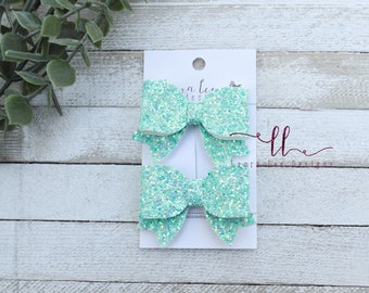 READY TO SHIP Pigtail Bows, Piggies, Set of 2 Small Bows, Bitty Pigtail Bow Set, Piggy Bows, Pigtail Bows, Glitter Mini Bows, Seafoam Bows