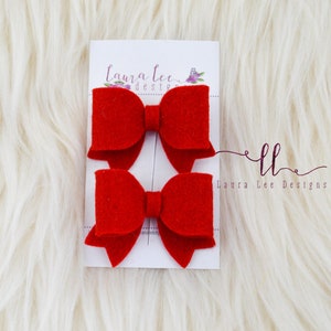 READY TO SHIP Pigtail Bows, Red Felt Piggies, Set of 2 Small Bows, Bitty Pigtail Bow Set, Piggy Bows, Pigtail Bows, Christmas Mini Bows