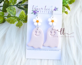 Pink Ghost Earrings, Happy Ghost Earrings, Halloween Earrings, Dangle Earrings, Halloween, Clay Earrings, Ghost Earrings, Spooky Earrings