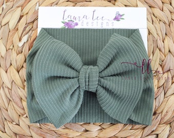 Forest Green Bow Headwrap, Dark Green Rib Knit Bow Headband, Newborn Photo Prop, Smash Cake Bow, Messy Bow Headwrap, Julia Style Headwrap