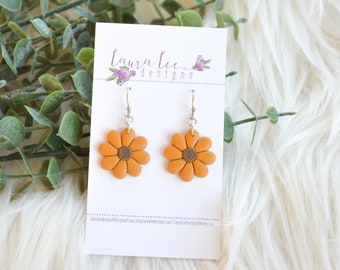 Mustard Yellow Flower Earrings, Yellow Daisy Clay Earrings, Summer Earrings, Trendy Lightweight Earrings, Dangle Earrings, Handmade Earrings