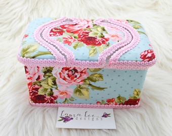 READY TO SHIP Nursery Wipe Case, Floral on Blue Baby Wipe Case, Diaper Wipe Case, Girl Baby Shower Gift, Large Wipes Tub, Nursery Decor