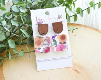 READY TO SHIP Earrings, Sqaure Clay Earrings, Clay Earrings, Floral Clay Earrings, Lightweight Earrings, Handmade Earrings, Summer Earrings