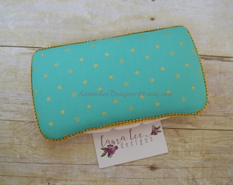 READY TO SHIP, Metallic Gold Stars on Turquoise Travel Baby Wipe Case, Personalized Wipecase, Wipe Holder, Wipe Clutch, Diaper Wipes Case
