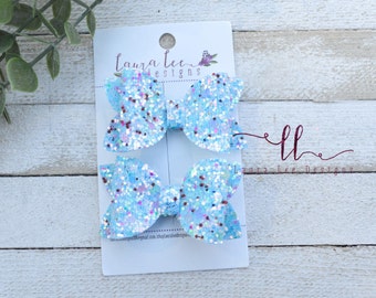 READY TO SHIP Pigtail Bows, Small Bows, Glitter Piggies, Set of 2 Small Bows, Pippy Pigtail Bow Set, Blue Glitter Bows, Pigtail Bows