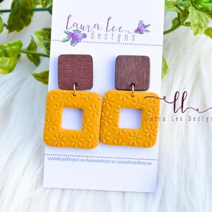 Pendientes de arcilla open square, pendientes de arcilla amarilla mostaza, pendientes de arcilla de otoño, pendientes ligeros de moda, pendientes hechos a mano, pendientes de verano