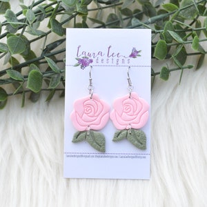 READY TO SHIP Earrings, Pink Roses Earrings, Clay Earrings, Summer Earrings, Trendy Lightweight Earrings, Dangle Earrings, Handmade Earrings