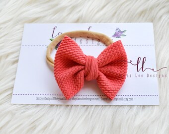 READY TO SHIP Bow, Coral Pink Bow on Nylon Headband, Newborn Photo Prop, Smash Cake Bow, Small Messy Bow, Small Julia Style Bow, Newborn Bow
