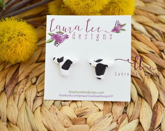 Cow Stud Earrings, Black and White Cow Stud Earrings, Farm Stud Earrings, Handmade Clay Earrings, Everyday Earrings, Trendy Statement Studs