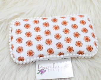 READY TO SHIP Wipecase, Terracotta Suns Travel Baby Wipe Case, Floral Baby Wipe Holder, Sun Clutch, Diaper Wipe Case, Gender Neutral