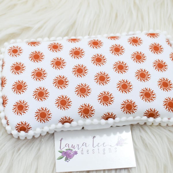 READY TO SHIP Wipecase, Terracotta Suns Travel Baby Wipe Case, Floral Baby Wipe Holder, Sun Clutch, Diaper Wipe Case, Gender Neutral