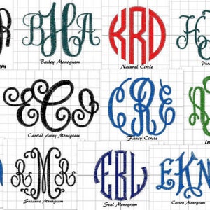 May include: A collection of monogram designs in various styles and colors. The image showcases different letter combinations, including oval, stacked, and circle monograms, in shades of black, blue, green, and red. Each design is labeled with its respective style.