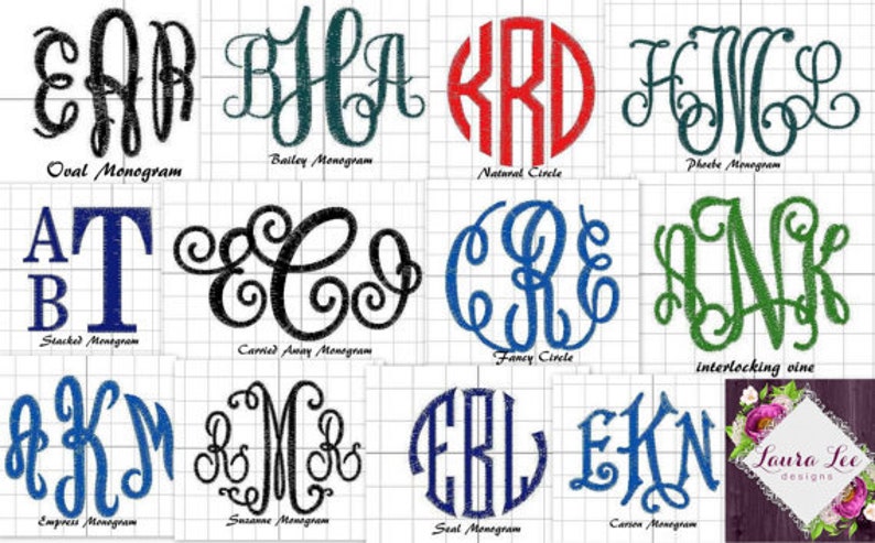 May include: A collection of monogram designs in various styles and colors. The image showcases different letter combinations, including oval, stacked, and circle monograms, in shades of black, blue, green, and red. Each design is labeled with its respective style.
