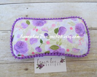 READY TO SHIP, Watercolor Roses with Orchid Purple Pom Trim Travel Baby Wipe Case, Personalized Case, Wipe Holder, Clutch, Diaper Wipe Case