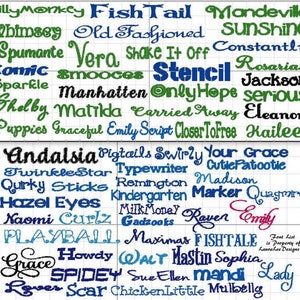 May include: A collection of various font styles displayed on a grid. The fonts are in different colors, including green, blue, and black. The text includes words like "SillyMonkey", "Stencil", and "Grace".