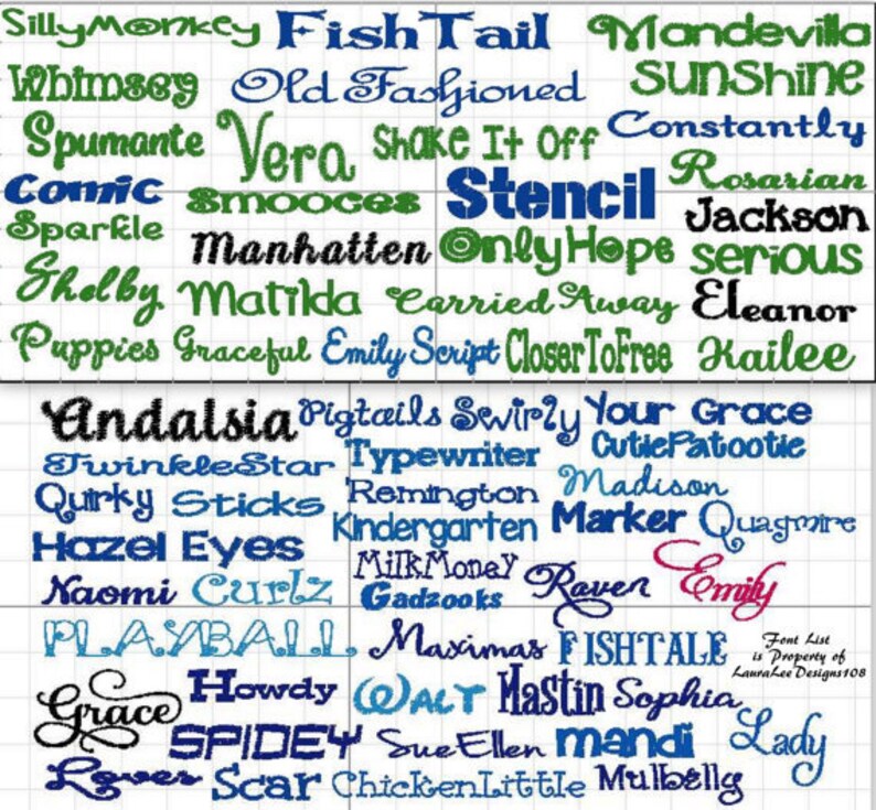 May include: A collection of various font styles displayed on a grid. The fonts are in different colors, including green, blue, and black. The text includes words like "SillyMonkey", "Stencil", and "Grace".