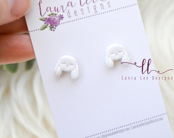 White Bunnies Stud Earrings, Floppy Ear Bunny Stud Earrings, Small Handmade Clay Earrings, Everyday Earrings, Trendy Statement Studs