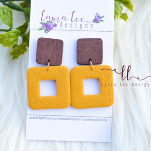 Pendientes de arcilla open square, pendientes de arcilla amarilla mostaza, pendientes de arcilla de otoño, pendientes ligeros de moda, pendientes hechos a mano, pendientes de verano