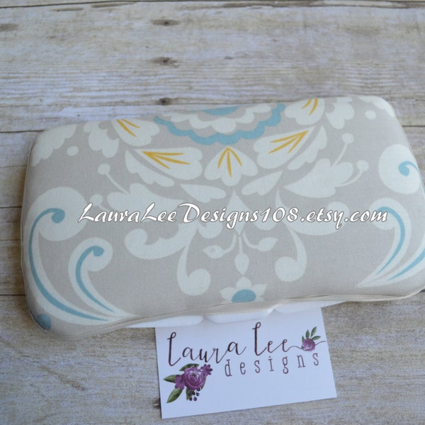 READY TO SHIP, Light Gray Cream Yellow and Blue Large Damask Travel Baby Wipe Case, Personalized Case, Wipe Holder, Wipe Clutch, Monogrammed