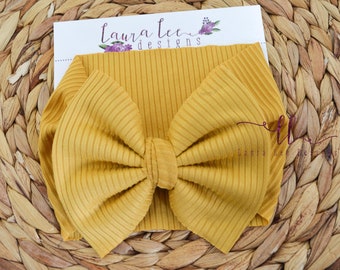 Mustard Yellow Bow Headwrap, Yellow Rib Knit Bow Headband, Newborn Headband, Smash Cake Bow, Messy Bow Headwrap, Large Julia Style Headwrap