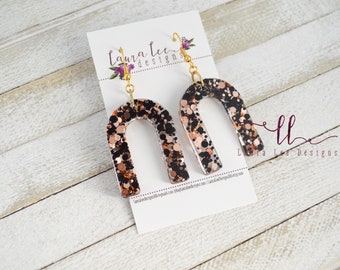 READY TO SHIP Earrings, Black and Rose Gold Glitter Earrings, Arch Resin Earrings, Trendy Fashion Earrings, Handmade Earrings, Everyday Wear