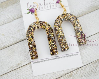 READY TO SHIP Earrings, Black and Gold Confetti Glitter Earrings, Arch Resin Earrings, Trendy Fashion Earrings, Handmade Earrings