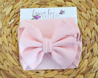 Light Pink Bow Headwrap, Baby Pink Rib Knit Bow Headband, Newborn Photo Prop, Smash Cake Bow, Messy Bow Headwrap, Large Julia Style Headwrap