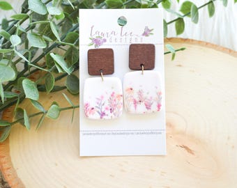 READY TO SHIP Earrings, Sqaure Clay Earrings, Clay Earrings, Floral Clay Earrings, Lightweight Earrings, Handmade Earrings, Summer Earrings
