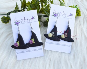 Pendientes de sombrero de bruja, pendientes de bruja con flores, pendientes de Halloween, pendientes colgantes, pendientes de arcilla de Halloween, pendientes de bruja, pendientes espeluznantes