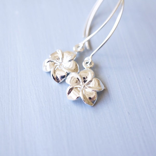 Long Sterling Silver Plumeria Earrings