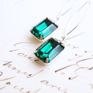 Long Silver, Emerald Swarovski Crystal Earrings zdjęcie 1