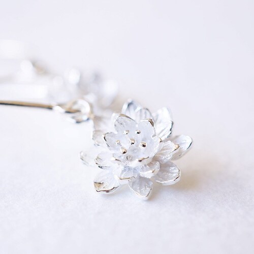 Asymmetrical Sterling Silver Lotus Flower Earrings – Ear Cuff Climber, Handmade, 925 Silver