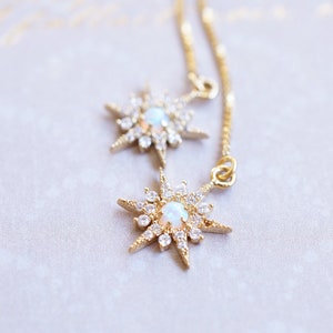 Opal Gold Starburst Threader Earrings | Gold Filled Ear Threads | Crystal Star Pendants