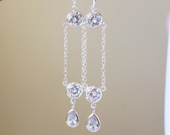 Long Silver and Crystal Earrings