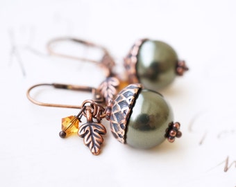 Copper Green Pearl Acorn Earrings