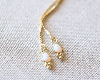 Dainty, Gold, Opal Drop Threader Earrings, No. EGT049