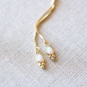 Dainty, Gold, Opal Drop Threader Earrings, No. EGT049