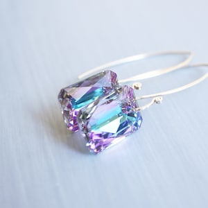 Long, Blue, Purple, Swarovski Crystal Emerald Cut, Silver Earrings