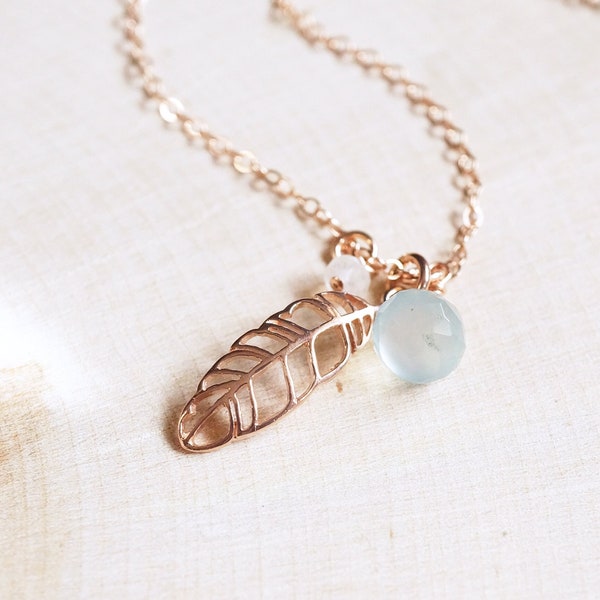 Rose Gold Feather Chalcedony Moonstone Necklace, Pink Gold Feather, Aqua Chalcedony, White Moonstone, Gemstone Necklace, Gift for Her