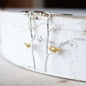 Sterling Silver Branch and Bird Earrings