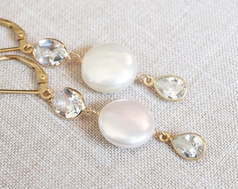 Gold Coin Pearl White Topaz Drop Earrings, Freshwater Pearl Earrings, White Topaz Ovals, Clear CZ Teardrop Earrings, Handmade Earrings, Gift