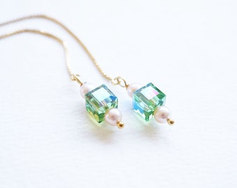 Gold, Peridot Crystal, Pink Pearl Threader Earrings