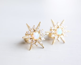Gold, Opal, and CZ Starburst Post Earrings