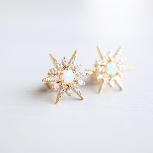 Gold Opal Star Post Earrings, Crystal Starbursts, Star Stud Earrings, Opal Crystal Stars, Gold Stud, Celestial Earrings, Opal Gold Star
