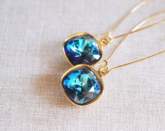 Blue Gold Swarovski Earrings, Bermuda Blue Crystal, Cushion Cut Crystal, Long Gold Earrings, Swarovski Crystal Earrings, Handmade Earrings