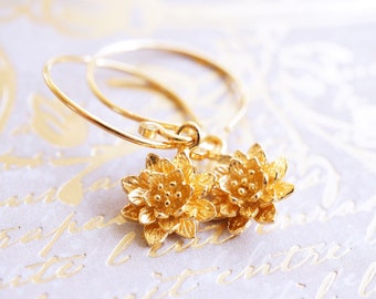 Gold Lotus Water Lily Earrings, Flower Hoop Earrings, Gold Vermeil, Handmade Jewelry, Gift for Her, Gold Water Lily, Gold Flower Earrings