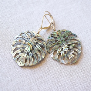 Abalone Monstera Leaf, Gold Filled Earrings, Carved Shell, Abalone Earrings, Blue Green, Gold Shell Earrings, Beach Wedding, Natural Shell image 1