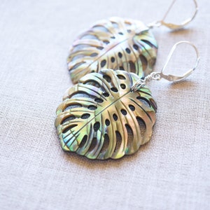 Abalone, Monstera Leaf, Silver Earrings, No. ESL029